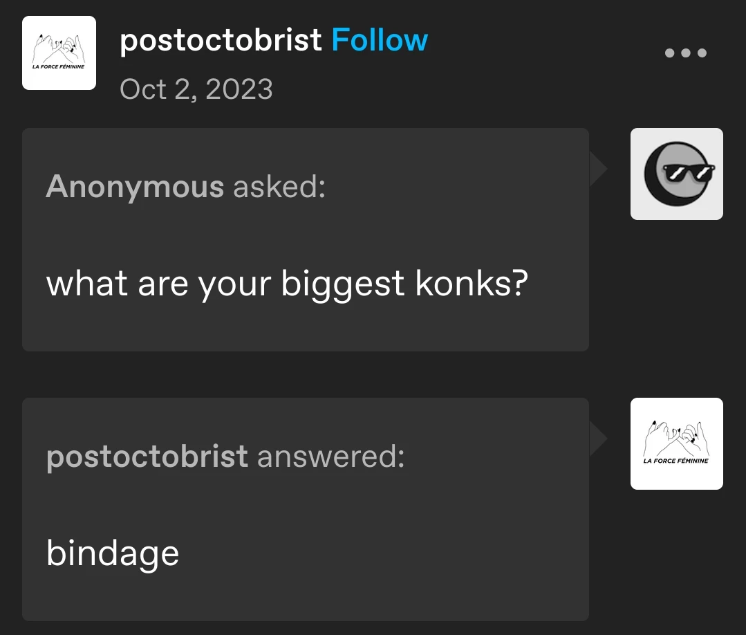 anonymous asks:  
what are your biggest konks?

postoctoberist replies:  
bindage