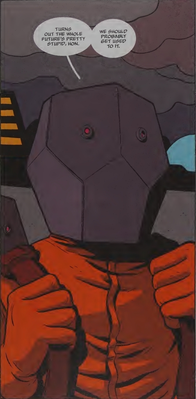 A frame from the graphic novel Solid State depicting a man in a dodecahedron-shaped helmet and survival jumpsuit. Speech bubbles: "Turns out the whole future's pretty stupid, hon. We should probably get used to it."